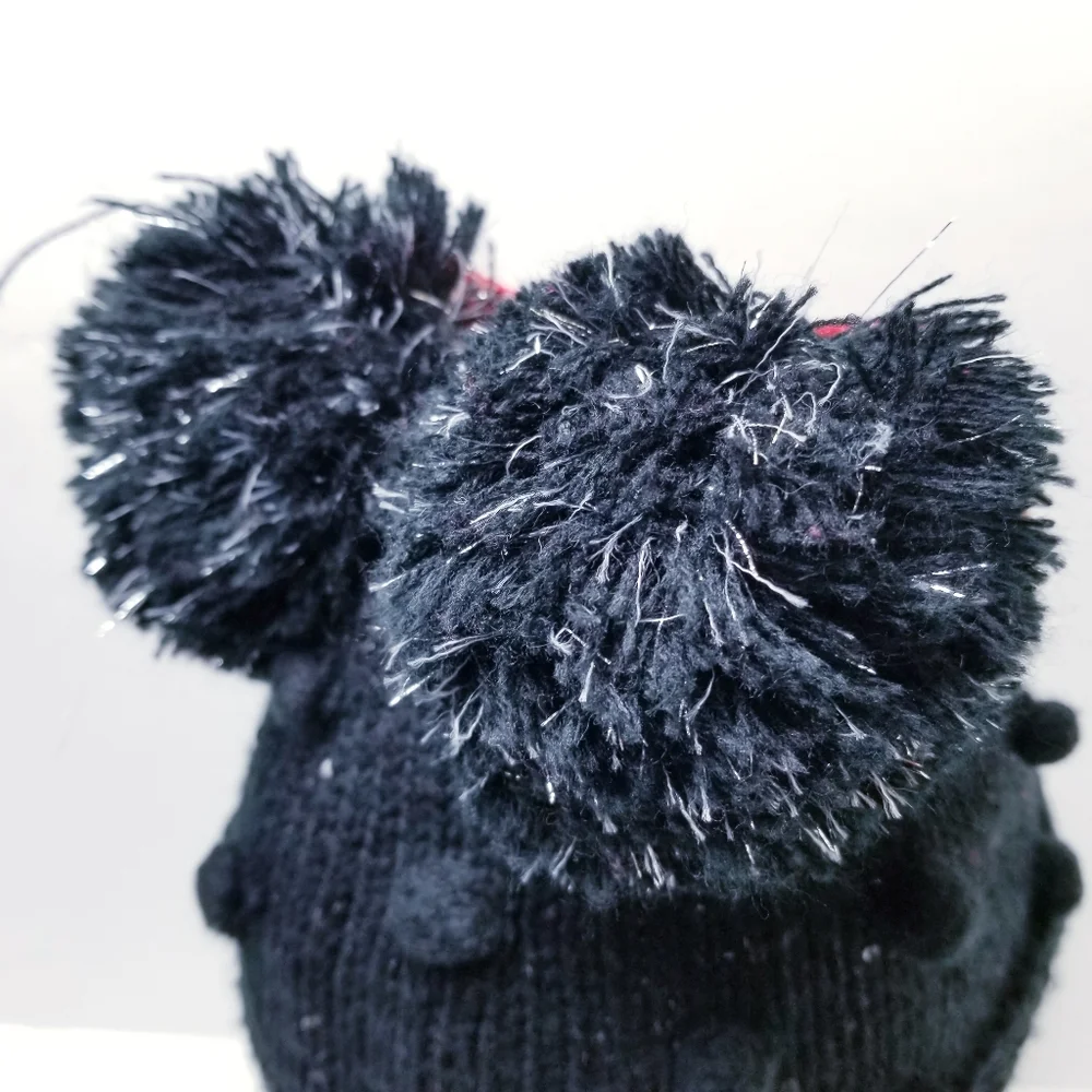 Disney Store Minnie Mouse Beanie XS/S 3-6 Sequin Bow Pom Pom Ears Knit Hat Black